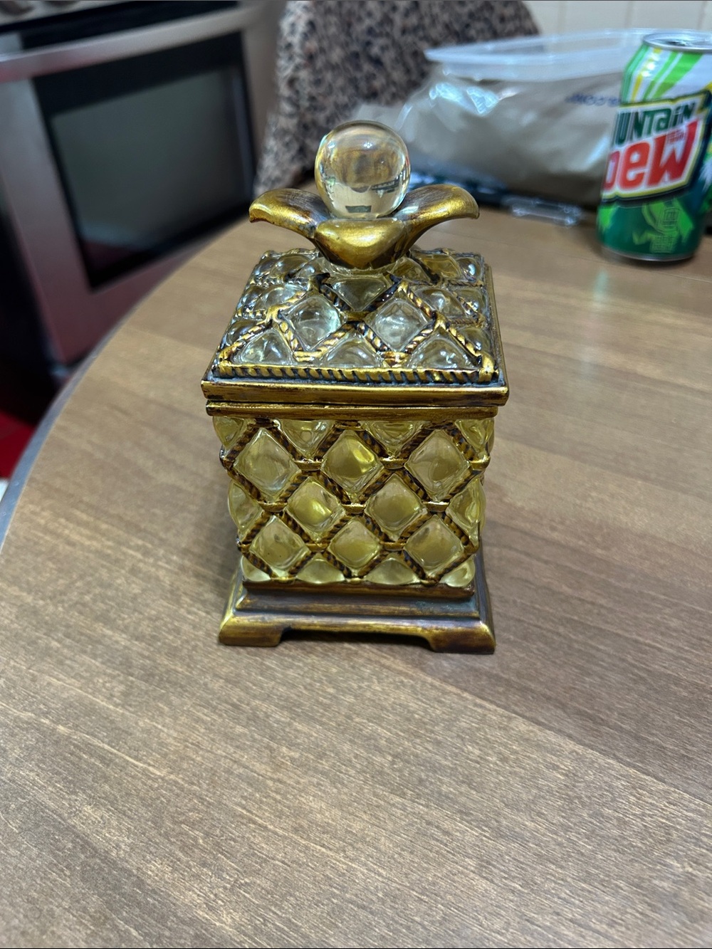 Decorative Gold Glass Trinket Box with Clear Crystal Knob